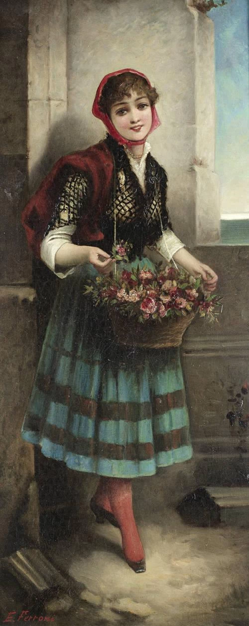 Signora con cesto di fiori